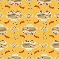 Seamless pattern fruit pie stuffed with apricot, red currant and blueberry. Design for fabric, textile, wrapping paper