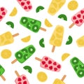 Seamless pattern of fruit popsicle, berry. Fruit ice creams and fruit slices on white background Royalty Free Stock Photo