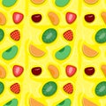 Seamless pattern of fruit strawberry cherry orange Apple apricot kiwi on a yellow background. Vector image Royalty Free Stock Photo