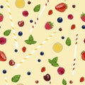 Seamless pattern. Fruits and berries composition for a cocktail. Realistic drawing. Vector