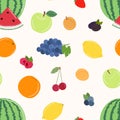 Seamless pattern of fruits and berries. Orange, apple, peach, watermelon, grape and lemon. Blackberry, raspberry, blueberry,