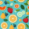 seamless pattern of fruits on a blue background, oranges, strawberries, lemons, grapes by Generative AI