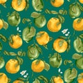 Seamless pattern with fruits. Fresh oranges and limes with flowers on the branches with leaves in graphic vector illustration