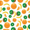 Seamless pattern with fruits, kiwi, bananas, oranges. Vector illustration, printable background, backdrop.