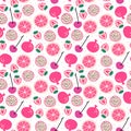 Seamless pattern with fruits pitaya, cherry, strawberries, grapefruit, pomegranate. Cute vector pink background.