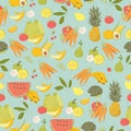 Seamless Pattern with Fruits and Vegetables on Blue Background Royalty Free Stock Photo