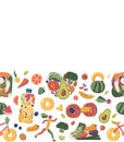 Seamless Pattern with Fruits And Vegetables In Shape Of Scales, Water Bottle, Shoe, Heart, Bicycle, Running Sportsman