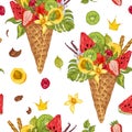 Seamless pattern with a fruity cocktail in waffle cone Royalty Free Stock Photo