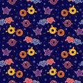 seamless pattern fun donuts with eyes and gloves on the winter background. Vector illustration Royalty Free Stock Photo