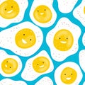 Seamless pattern with fun fried eggs smiling on a blue background. Cartoon character funny egg. Hand drawn background with food Royalty Free Stock Photo