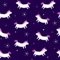 Seamless pattern with fun unicorn and stars with rays on violet background. Merry Christmas ornament for textile and wrapping. Vec