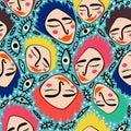 Seamless pattern with funky faces. Groovy cute faces characters