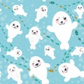 Seamless pattern Funny albino white fur seal pups