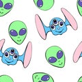 Seamless pattern with funny Aliens heads in doodle flat style. Humanoids, visitors, Martians. Vector cute texture Royalty Free Stock Photo