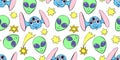 Seamless pattern with funny Aliens heads, stars in doodle flat style. Humanoids, visitors. Vector cute background Royalty Free Stock Photo