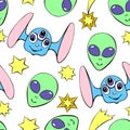 Seamless pattern with funny Aliens heads, stars in doodle flat style. Humanoids, visitors, Martians. Vector cute texture Royalty Free Stock Photo