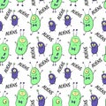 Seamless pattern with funny Aliens, inscriptions in doodle flat style. Humanoids, Martians, insects. Vector background Royalty Free Stock Photo