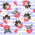 Seamless pattern with funny animals faces. Cute cartoon cats and mouses with red bows and chamomile flowers on striped background Royalty Free Stock Photo