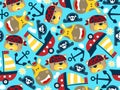 Seamless pattern with funny animals head cartoon with sailboat, anchor, pirate hat