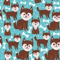 Seamless pattern funny brown husky dog and white bones, Kawaii face with large eyes and pink cheeks, boy and girl on blue