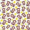 Seamless pattern with funny brown monkey, yellow bananas, boys and girls on white background.