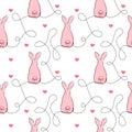 Seamless pattern with funny bunnies and hearts. Continuous one line drawing