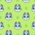 Seamless pattern with funny bunny faces and eggs