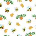 Seamless pattern of funny cartoon bees and a hive on a branch on a white background Royalty Free Stock Photo