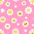 Seamless pattern with funny cartoon daisy flowers characters. Cute camomiles.