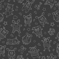 Seamless illustration with funny cartoon pigs , white outline on a dark background