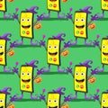 Seamless pattern of funny cartoon smartphone in the hat and boots for Halloween on a green background. Vector image Royalty Free Stock Photo