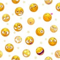 Seamless pattern with funny cartoon yellow emoji faces.