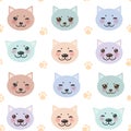 Seamless pattern funny cat muzzle and paw prints Royalty Free Stock Photo