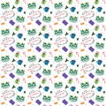 Seamless pattern with funny cats. Cute cat faces and garlands. Christmas and New Year carnival illustration. Gifts in Royalty Free Stock Photo