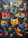 Seamless pattern with funny cats on a dark background. Vector illustration Royalty Free Stock Photo