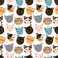 Seamless pattern with funny cats muzzles set. Hand drawn cute kittens head clip art. Royalty Free Stock Photo