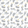 Seamless pattern with funny cats playing with butterflies. Background with domestic pet