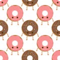 Seamless pattern with funny character donut with frosting, vector illustration in cartoon style. Royalty Free Stock Photo