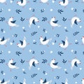 Seamless pattern with funny chickens and hand-drawn flowers on a blue background. Royalty Free Stock Photo