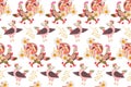 Seamless pattern with funny chickens and roosters, camomile flowers and bird cherry berries on white background. Print for fabric