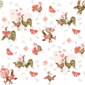 Seamless pattern with funny chickens and roosters, red bows, maple leaves, little hearts and pink flowers on white background