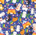 Seamless pattern with funny circus cats, cute isolated cartoon characters, vector illustration