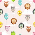 Seamless pattern with funny colorful flying balloons with crazy animal faces on the cloudy sky background. Royalty Free Stock Photo