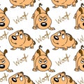 Seamless pattern, funny comical dogs and the word Woof on a white background. Baby background, textile, print