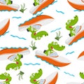 Seamless pattern of Funny crocodile cartoon vector on speed boat with cartoon style, Creative vector childish background for Royalty Free Stock Photo