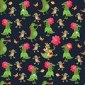 Seamless pattern with funny crocodiles and cheerful green dino with flowers on black background. Print for fabric for baby