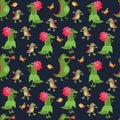 Seamless pattern with funny crocodiles and cute little birds on black background. Fairytale ornament for baby. Print for fabric