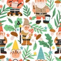 Seamless pattern with funny and cute gnomes, dwarfs, elves, mushrooms, leaves and colorful flowers on white background