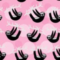 Seamless pattern funny and cute smiling Three-toed sloth on grey branch tree creeper, pink trendy background. Vector