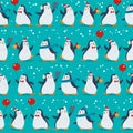 Seamless pattern with funny different penguin characters in hats with balloons isolated.